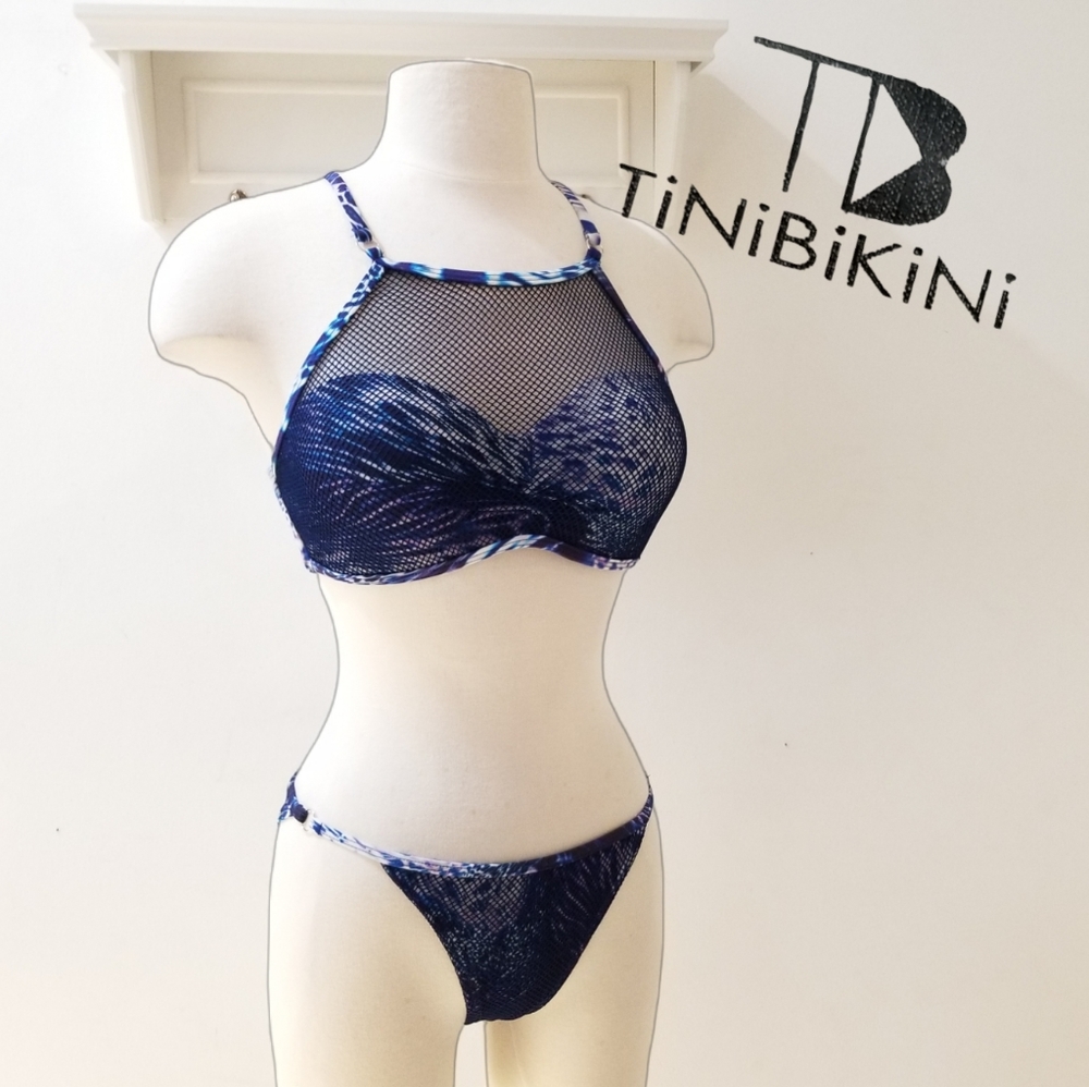 TiniBikini High Neck Bikini Swimsuit Blue Mesh Animal Print Sz L NWOT
